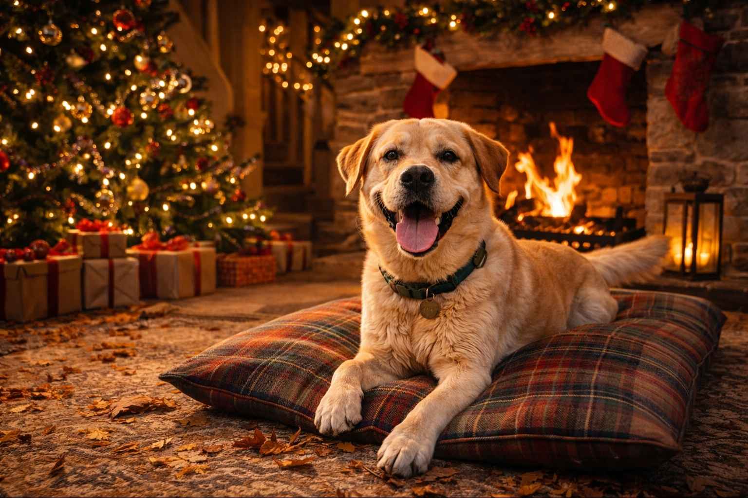 Dog-friendly Christmas holiday UK cosy cottage fireplace festive decorations