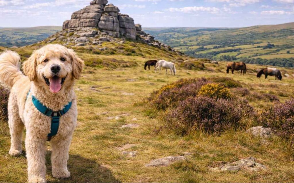 Dog-friendly Dartmoor moorland granite tor Dartmoor ponies wild landscape