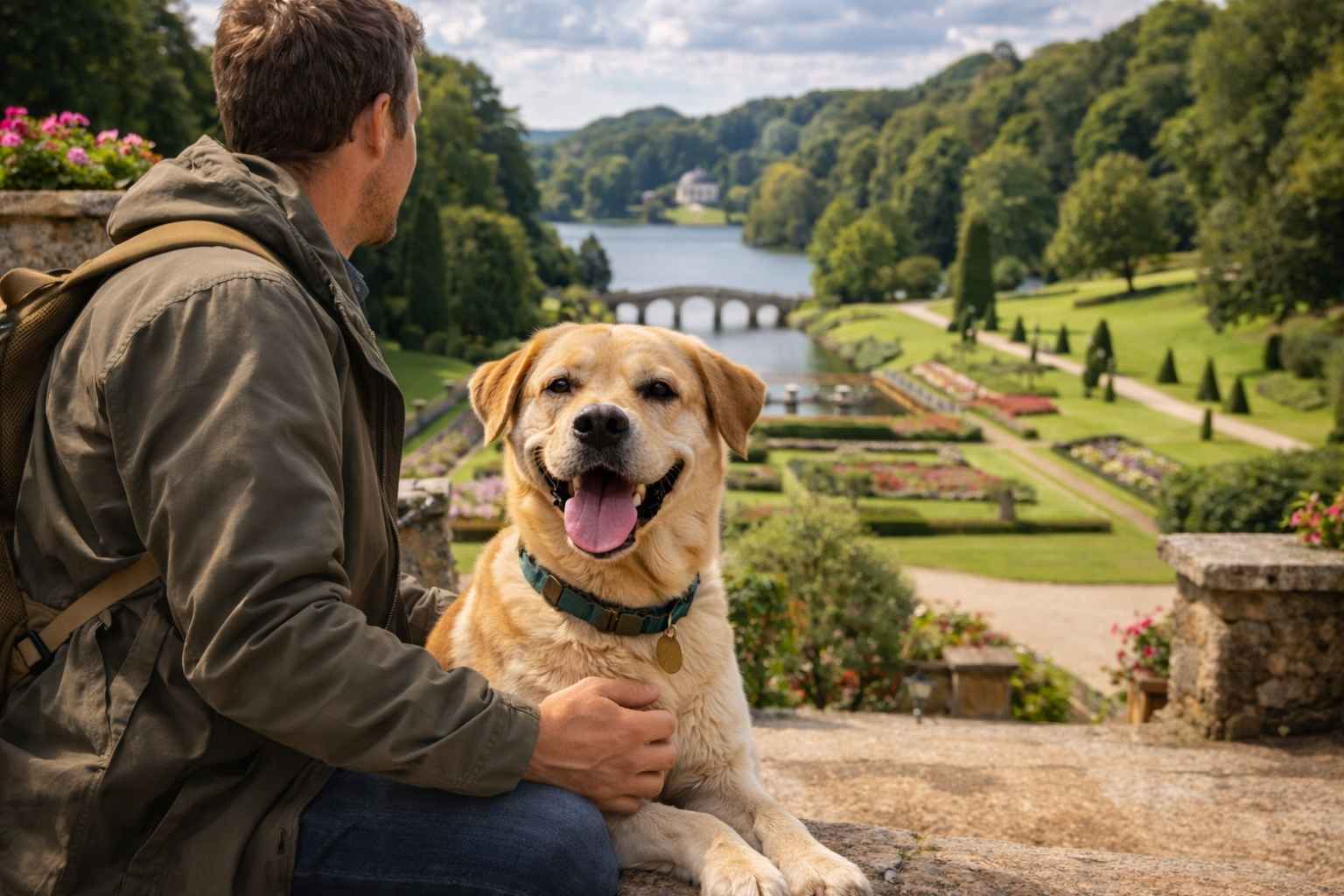Dog-friendly day out UK garden attraction dog owner enjoying experience together