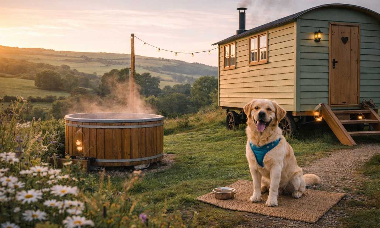 Dog-friendly glamping UK shepherd's hut countryside hot tub wood burner