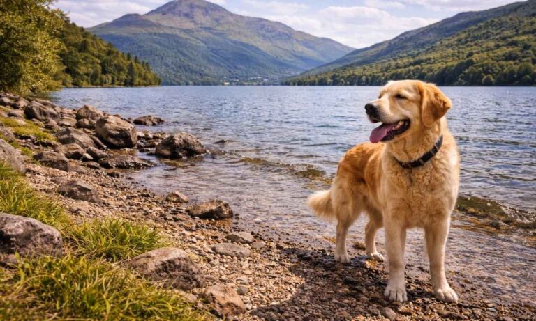 Dog-friendly Loch Lomond Scottish highlands loch shore mountain views national park