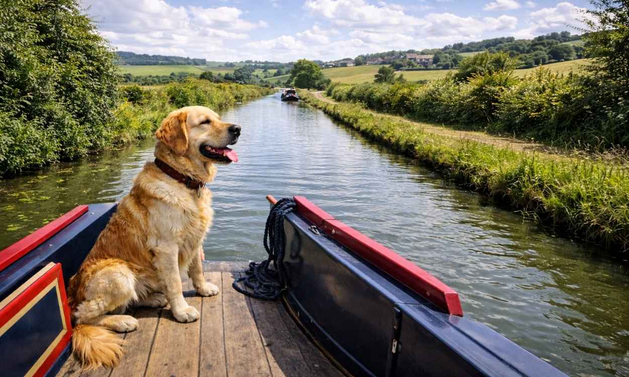 Dog-friendly narrowboat holiday UK canal cruise dog on deck waterway adventure
