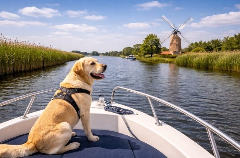 Dog on boat Norfolk Broads waterways dog-friendly boating