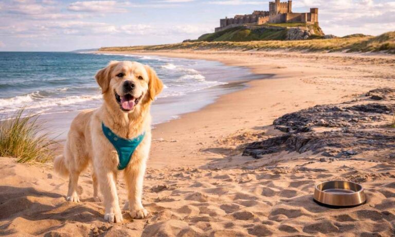 Dog-friendly Northumberland Bamburgh Castle beach golden sands dramatic coastline
