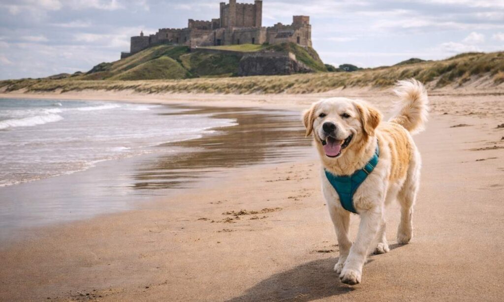 Dog friendly Northumberland coast beach Bamburgh Castle dramatic coastal walking