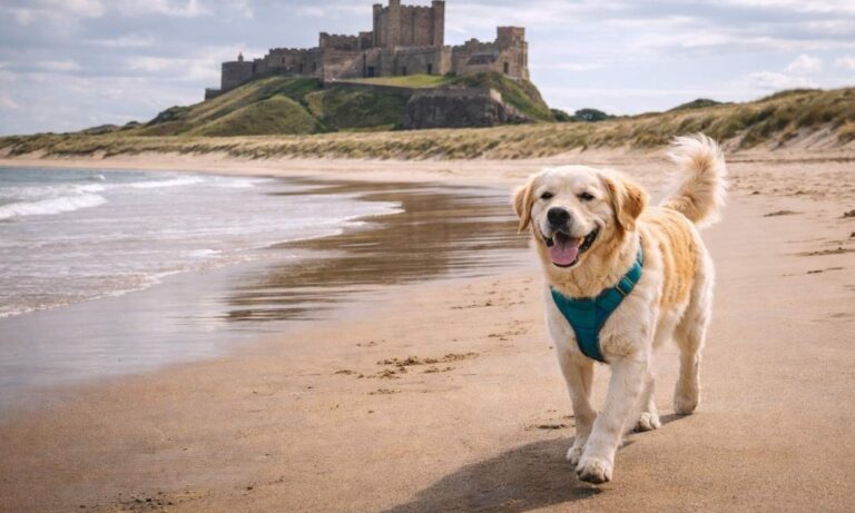 Dog friendly Northumberland coast beach Bamburgh Castle dramatic coastal walking