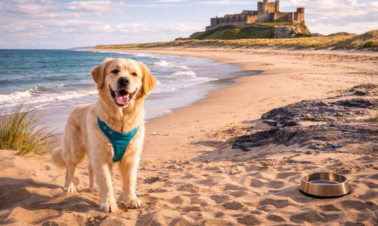 Dog-friendly Northumberland Bamburgh Castle beach golden sands dramatic coastline