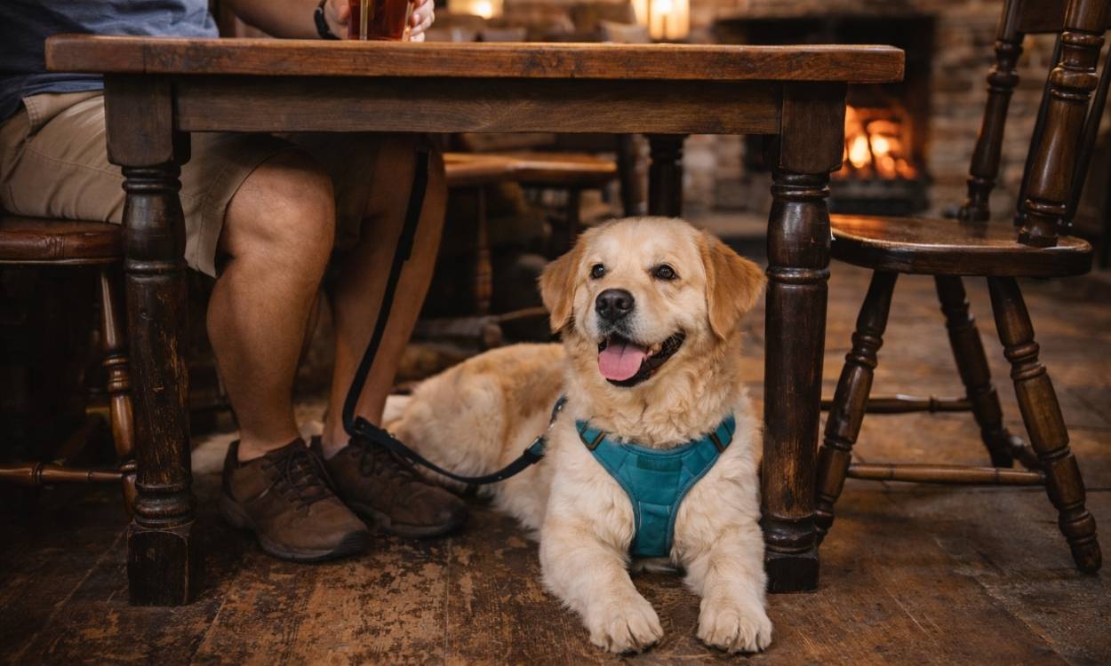 Dog friendly pub etiquette well behaved dog lying under table calm pub visit