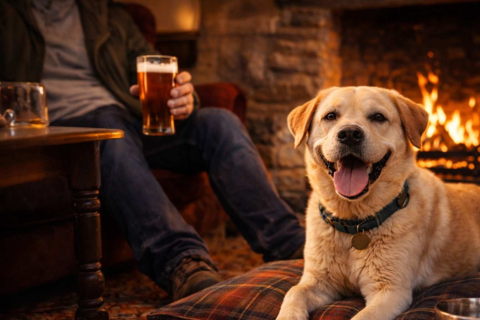 Dog-friendly pub walk UK cosy fire refreshment after walk countryside inn