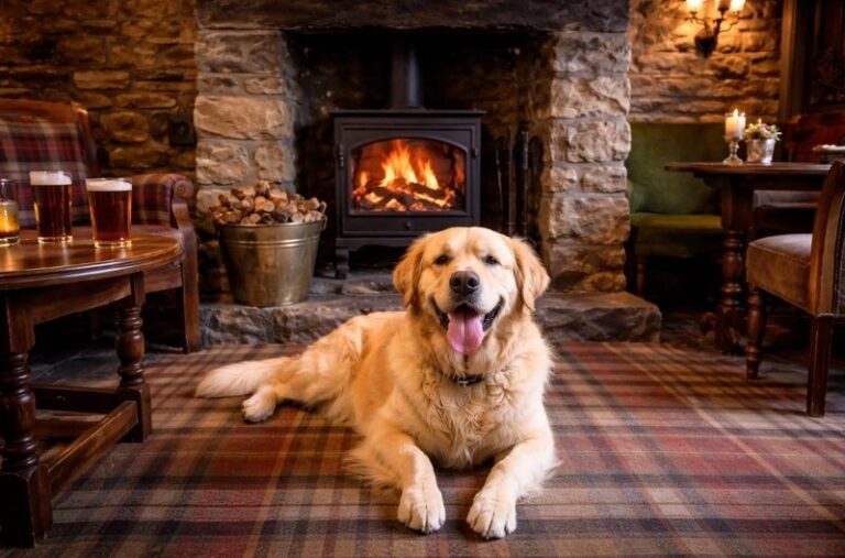 Dog-friendly pub Peak District dog by fire cosy interior