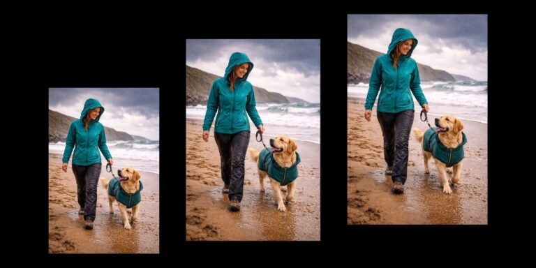 Dog-friendly rainy day UK wet weather walk waterproofs beach dramatic