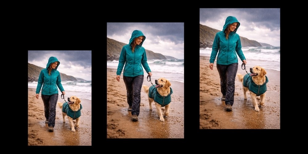 Dog-friendly rainy day UK wet weather walk waterproofs beach dramatic