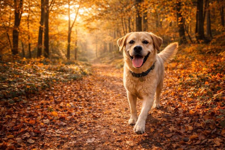 Dog-friendly UK autumn woodland golden leaves walking atmospheric seasonal
