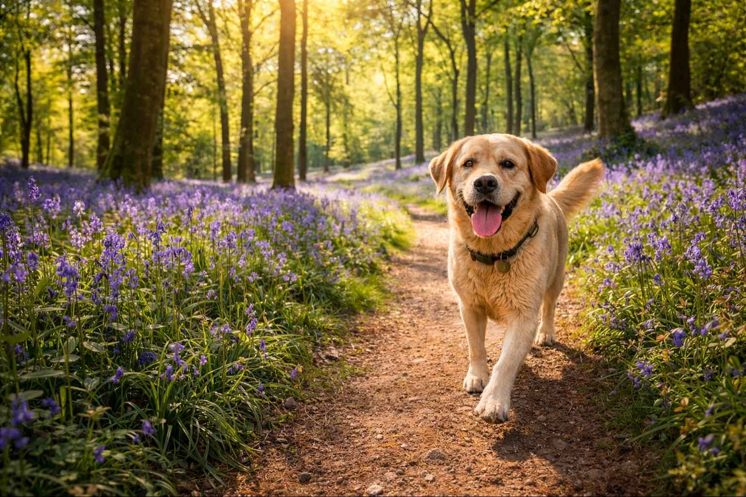 Dog-friendly UK spring bluebell woods walking dappled sunlight seasonal