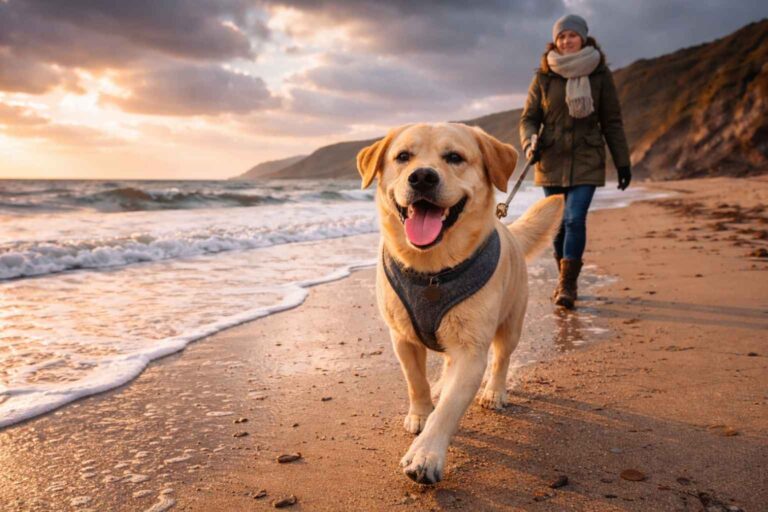 Dog-friendly UK winter beach empty dramatic sky atmospheric coastal walk