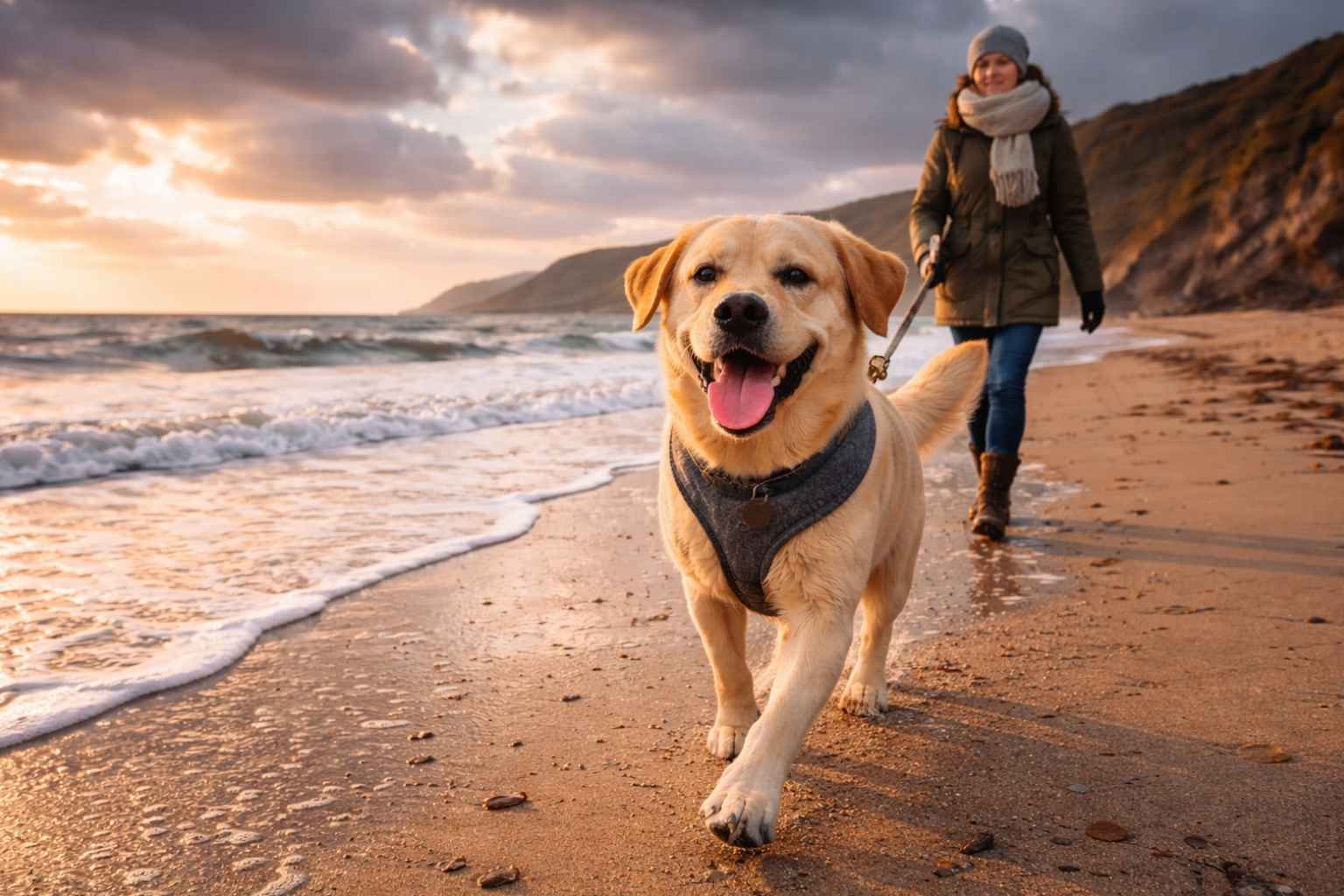 Dog-friendly UK winter beach empty dramatic sky atmospheric coastal walk