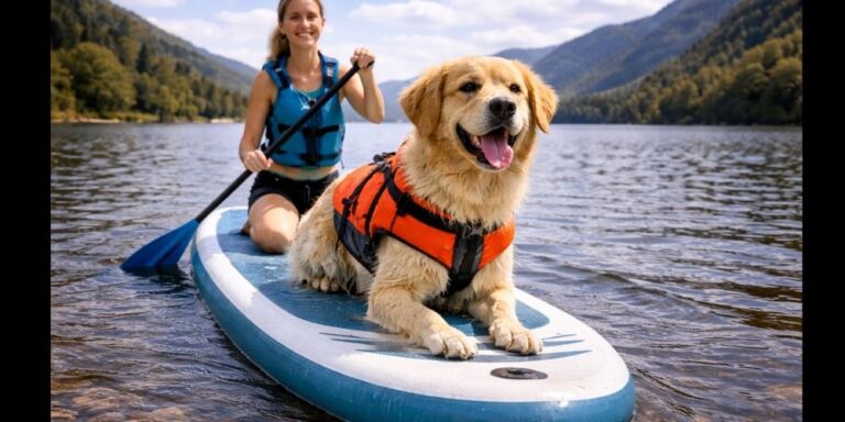 Dog-friendly paddleboarding UK lake water activity adventure dog on SUP