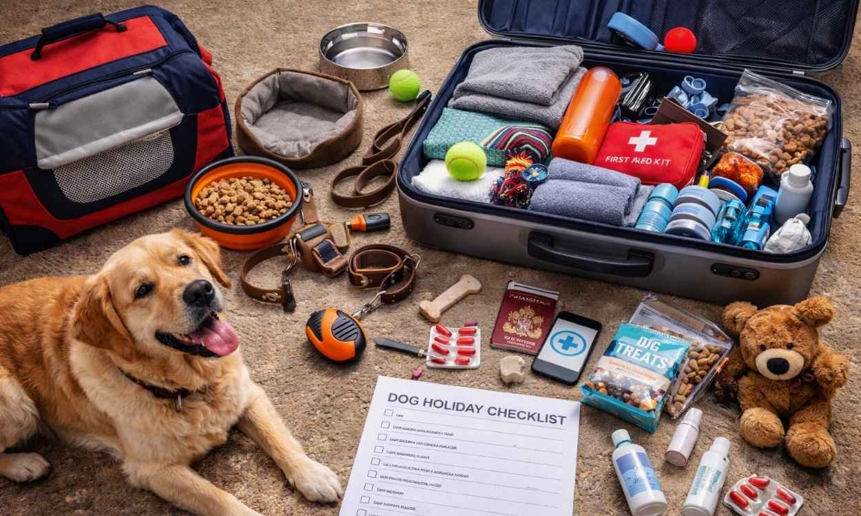 Dog holiday packing checklist supplies organised luggage travel preparation