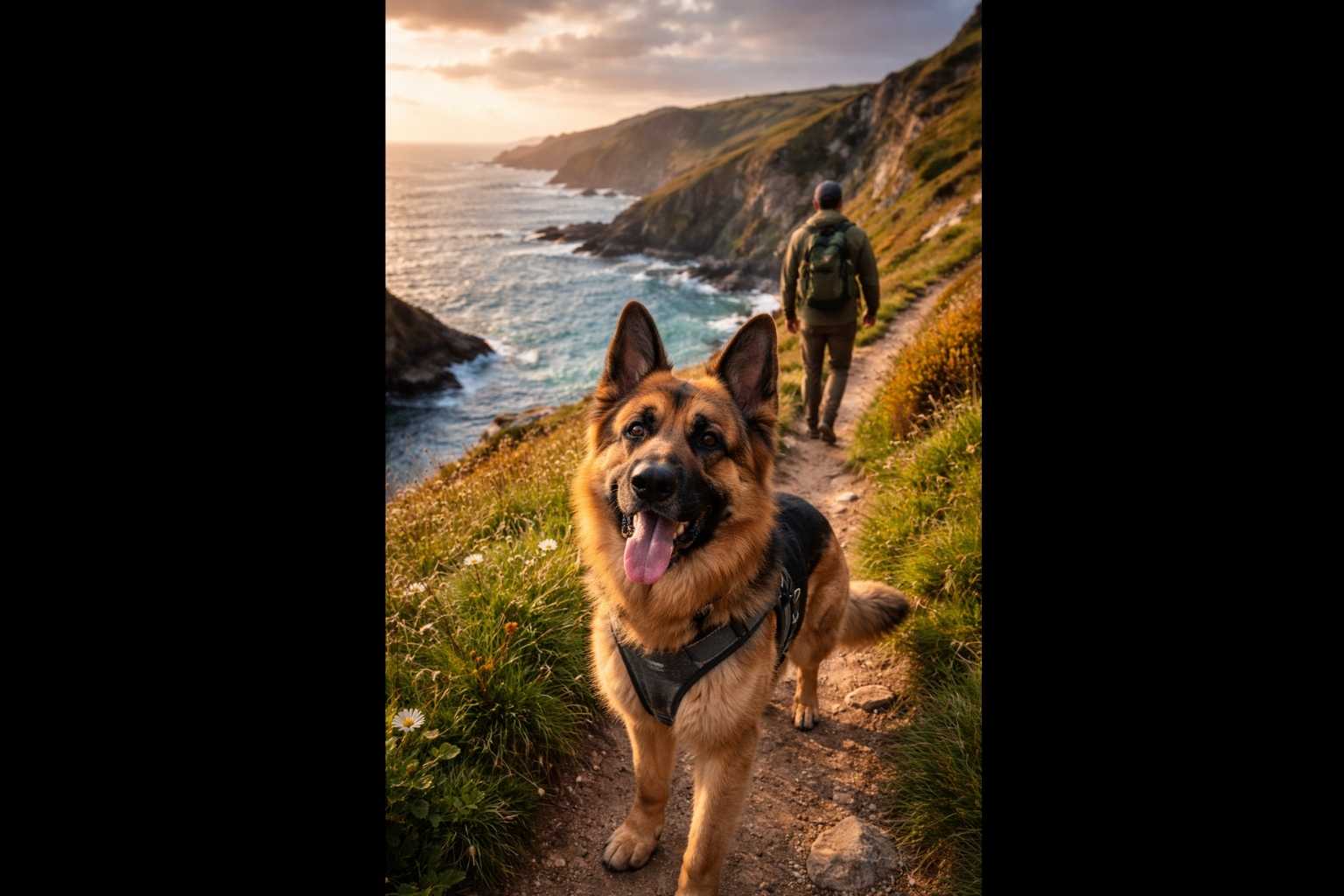 German Shepherd travel UK coastal walk dramatic scenery adventure dog