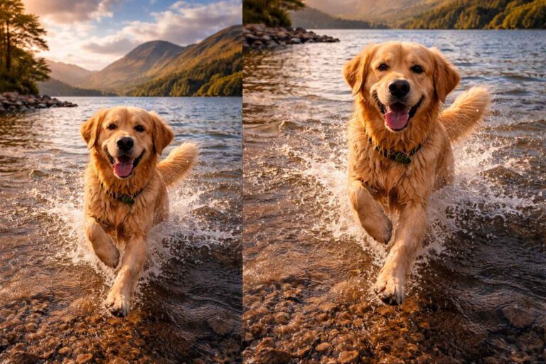 Golden Retriever travel UK lake swimming water adventure happy dog
