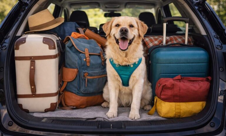 Dog ready for first holiday sitting in car boot with travel bags