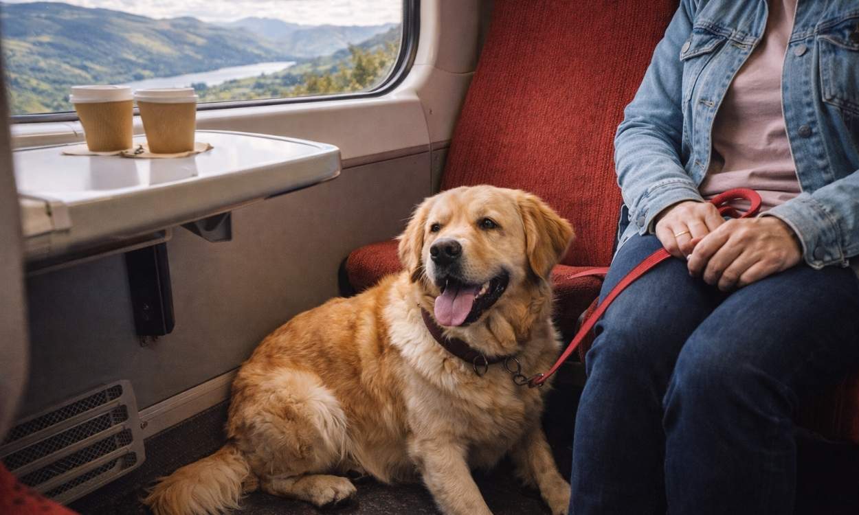Train travel dogs UK railway journey settled dog comfortable rail trip
