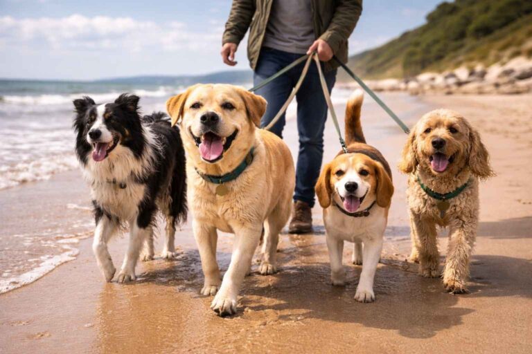 Travelling multiple dogs beach walk pack holiday multi-dog adventure
