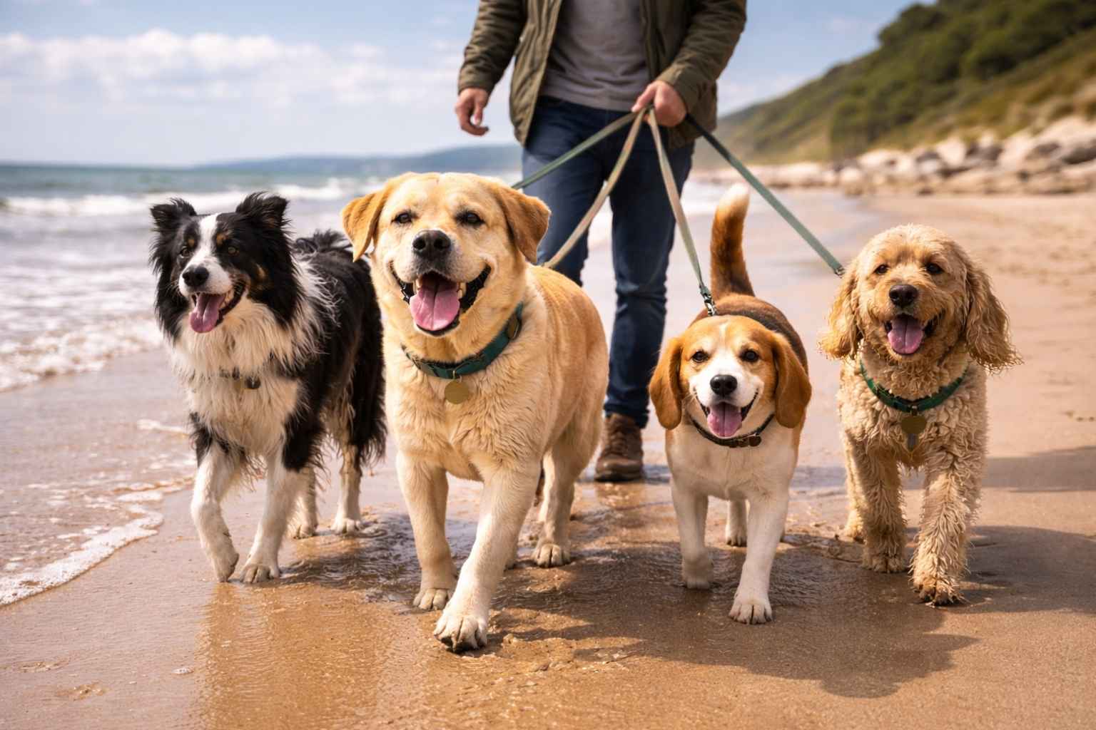 Travelling multiple dogs beach walk pack holiday multi-dog adventure