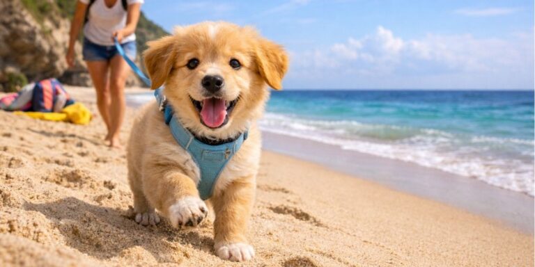 Travelling with puppy first holiday beach adventure young dog exploration