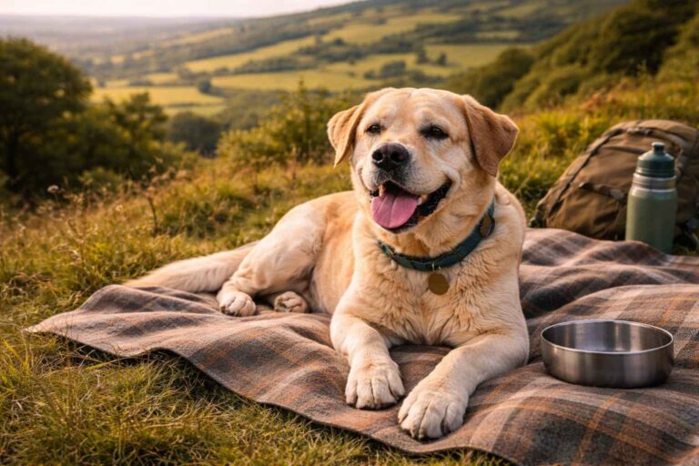 Senior dog holiday comfortable rest scenic view older dog travel peaceful