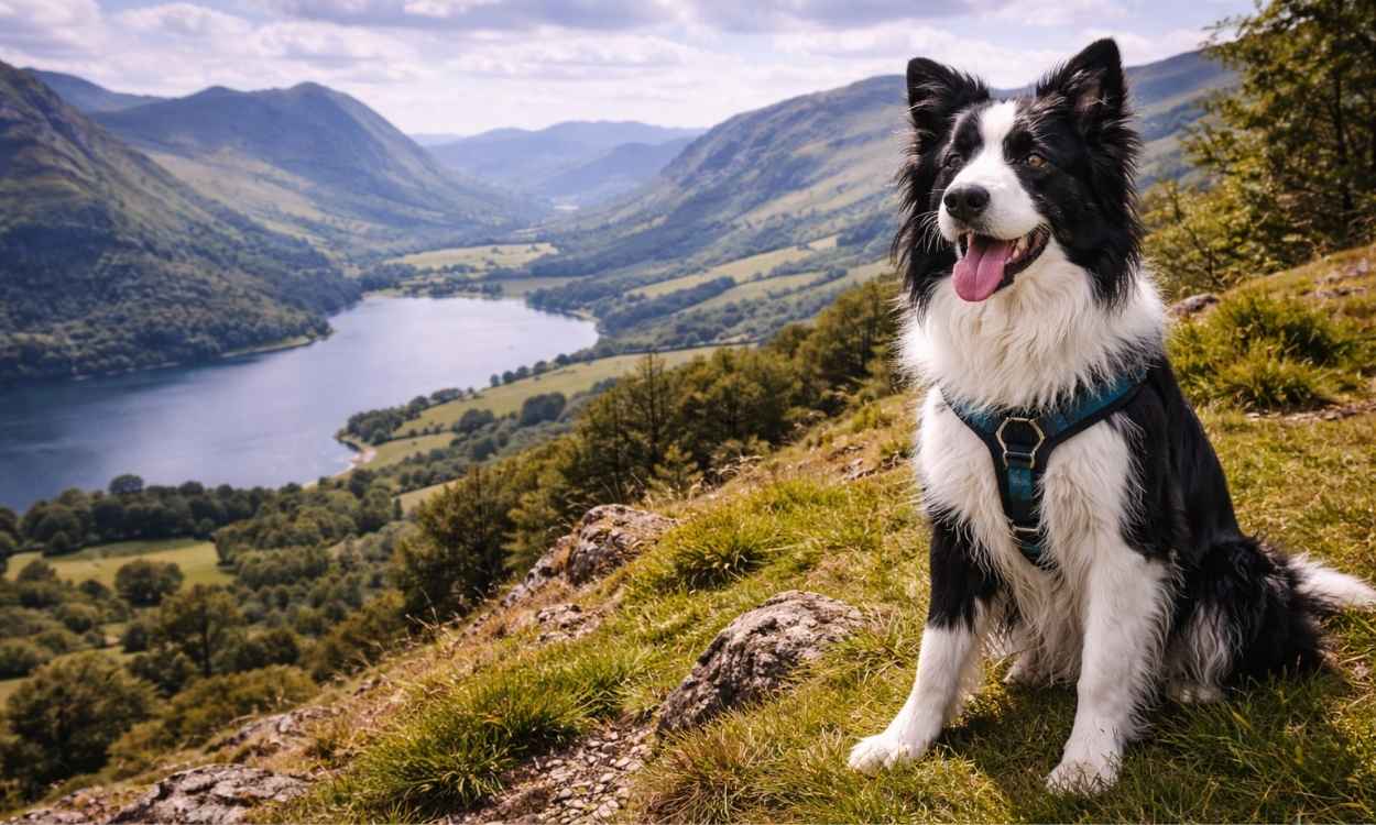 Border Collie travelling holiday hillside walking intelligent breed active dog