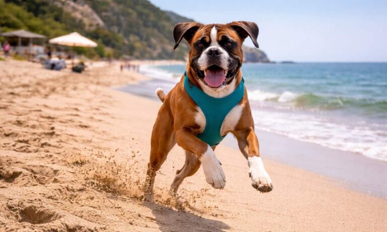 Boxer travelling holiday beach playing energetic playful breed happy dog