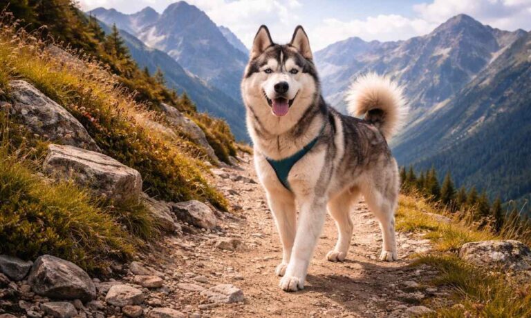 Husky travelling holiday mountain walking beautiful independent sled dog breed
