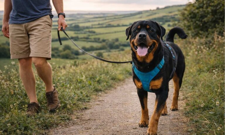 Rottweiler travelling holiday countryside walking loyal powerful breed confident