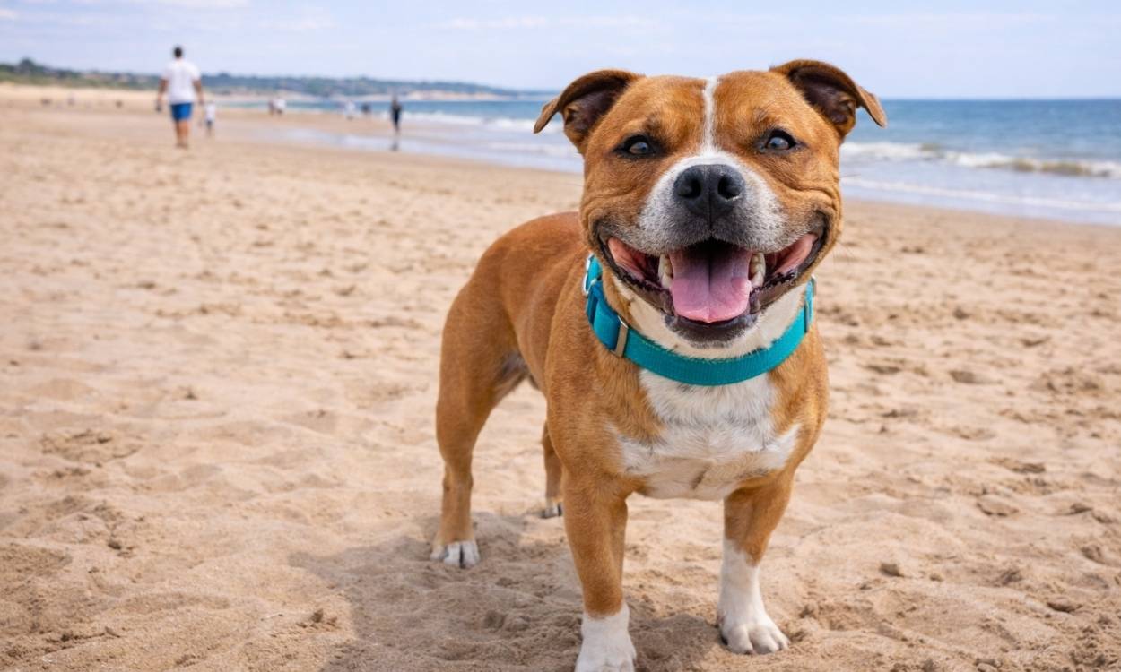 Staffordshire Bull Terrier Staffie travelling holiday beach happy loyal breed smile
