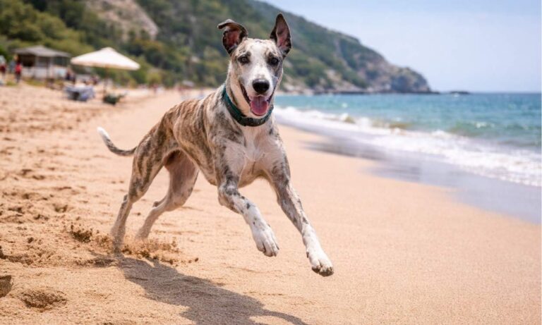 Whippet Greyhound travelling holiday beach running sighthound graceful free