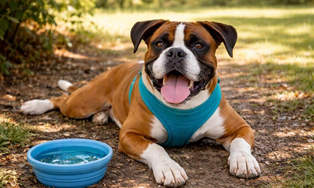 Boxer dog cooling down in shade drinking water demonstrating heat management