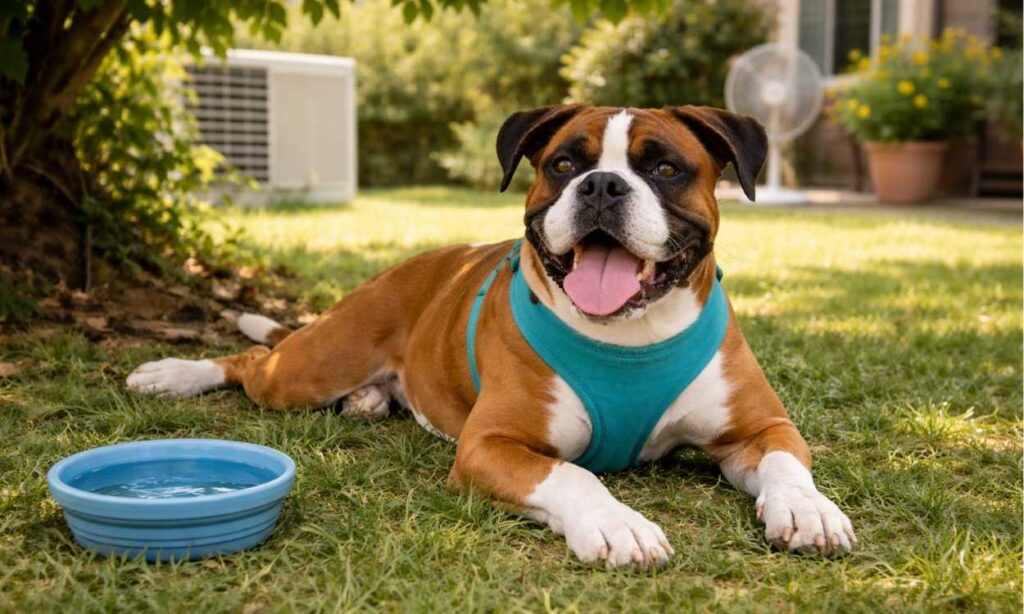 Boxer relaxing in cool shade during summer demonstrating proper heat management