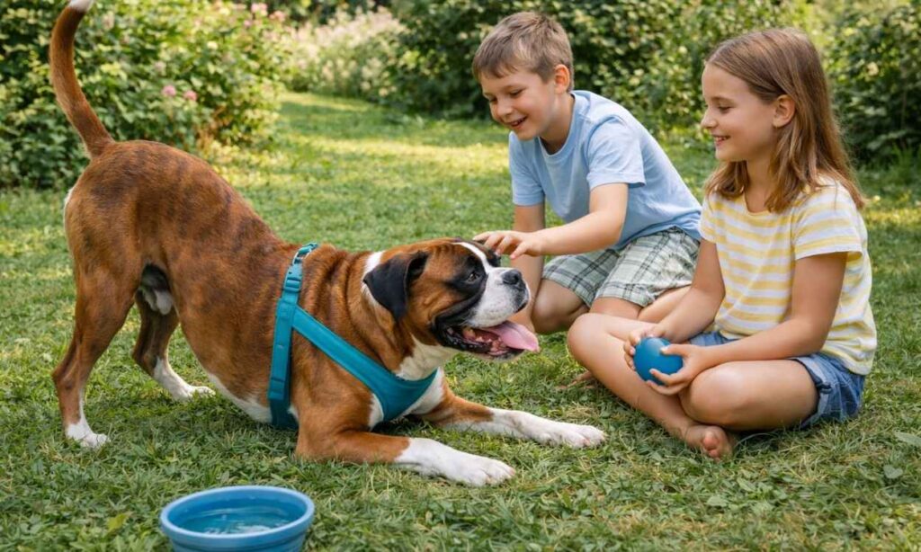 Friendly Boxer dog playing gently with children showing family-friendly nature