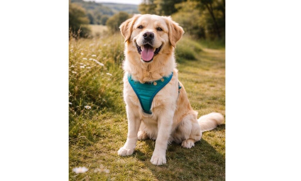Confident happy dog sitting outdoors looking ready and excited for holiday travel demonstrating travel readiness