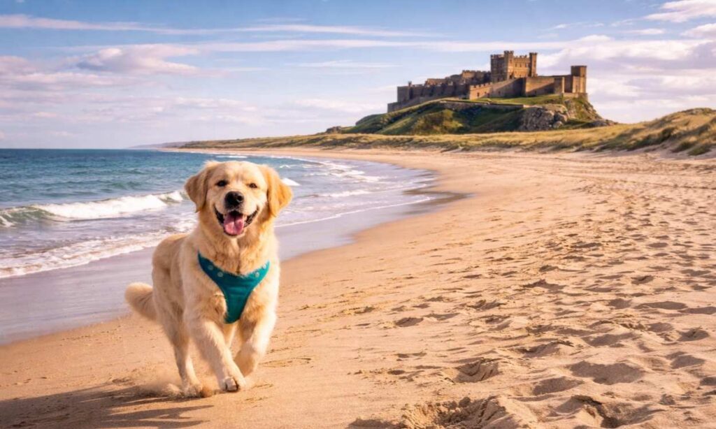 Dog running on empty Bamburgh Beach with dramatic castle backdrop demonstrating Northumberland's dog-friendly coastal perfection