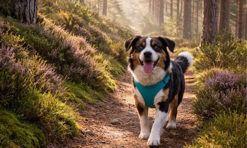 Dog walking through ancient Caledonian pine forest in Cairngorms with red pine trunks and heather