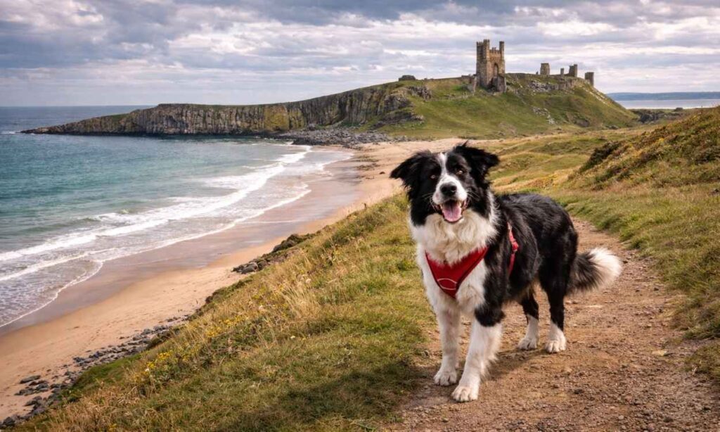 Dog on coastal path near Dunstanburgh Castle ruins with Embleton Bay demonstrating Northumberland's dramatic castle and beach combination