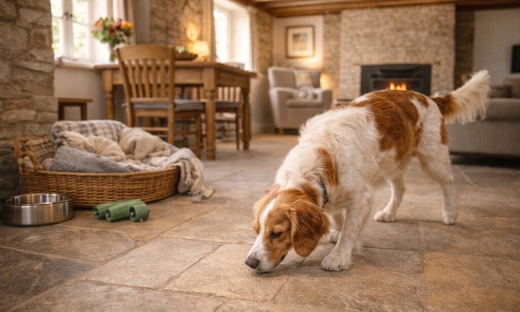Dog exploring and sniffing around new holiday cottage accommodation on arrival settling into new environment