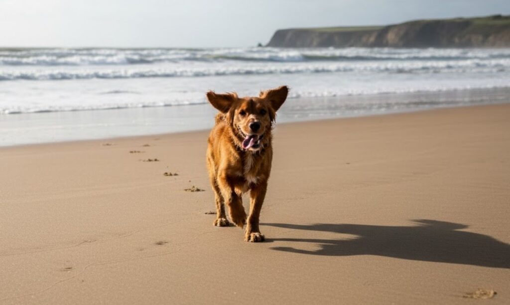 Dog running freely on beach demonstrating free budget-friendly holiday activity for dogs