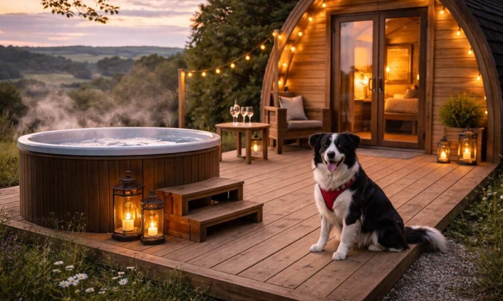 Dog-friendly glamping pod with private hot tub and countryside views demonstrating luxury glamping accommodation