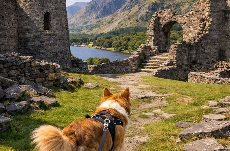 Dog-friendly attractions Wales castle ruins with dog on lead exploring grounds