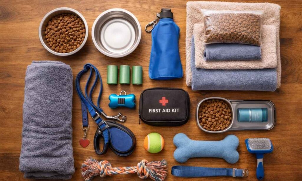 Dog holiday packing essentials neatly organized including food bowls collar lead toys and bedding for first trip