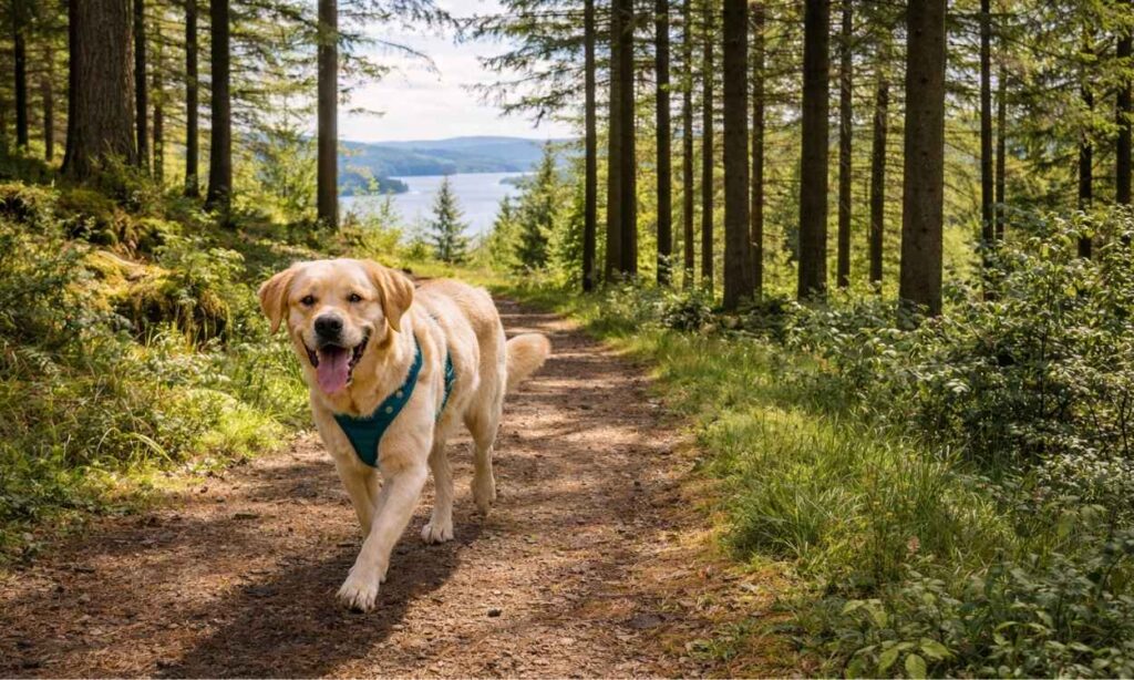 Dog exploring woodland trail in Kielder Forest Northumberland demonstrating inland forest walking opportunities