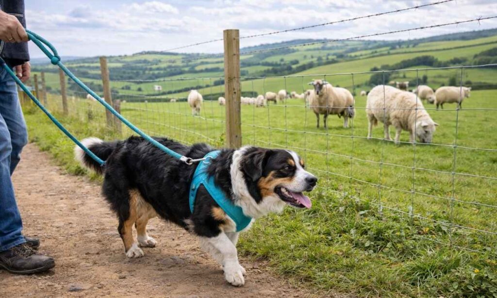Dog walking on lead past sheep in field demonstrating proper livestock etiquette and countryside code